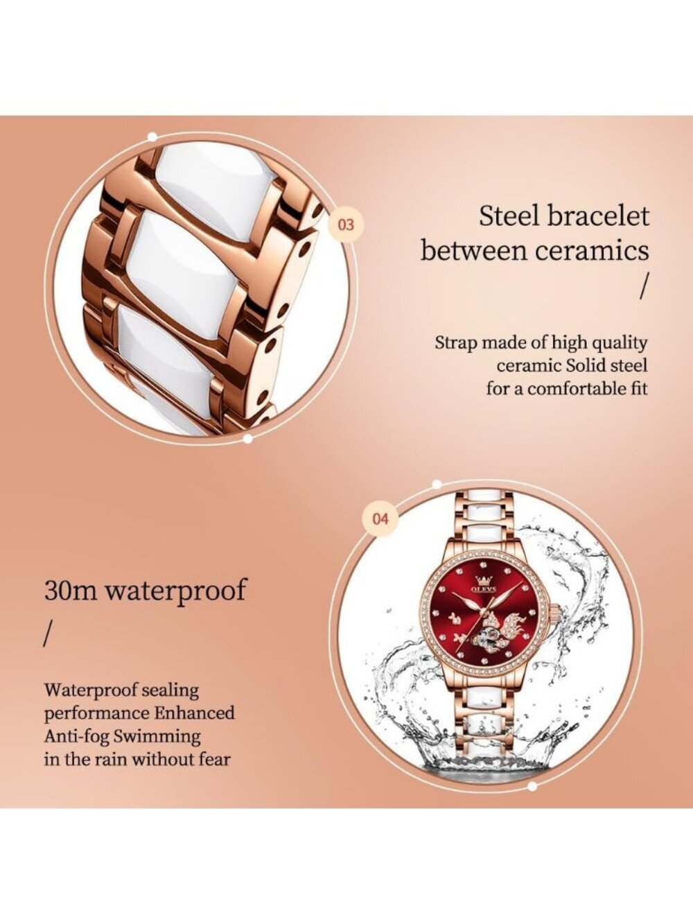 Olevs Women's Red Koi Fish Skeleton Diamond Rose Gold Automatic Luxury Watch - Picture 6 of 6